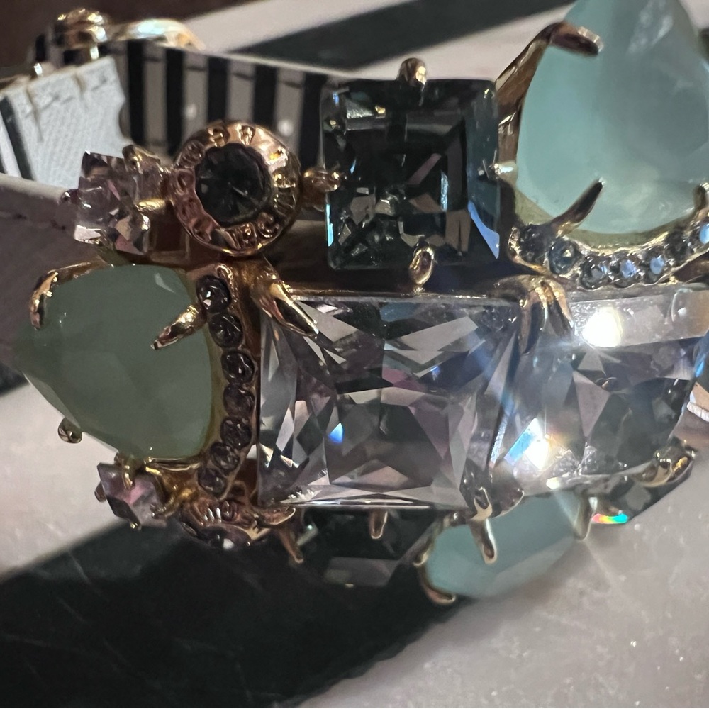 Henri Bendel Signature Stripe Gold, Green Gemstone Bracelet EUC